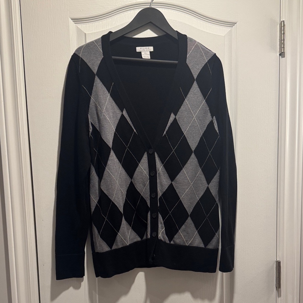327-Pure Alfred Sung Argyle Cardigan Sweater Black Gray V-Neck Button Front